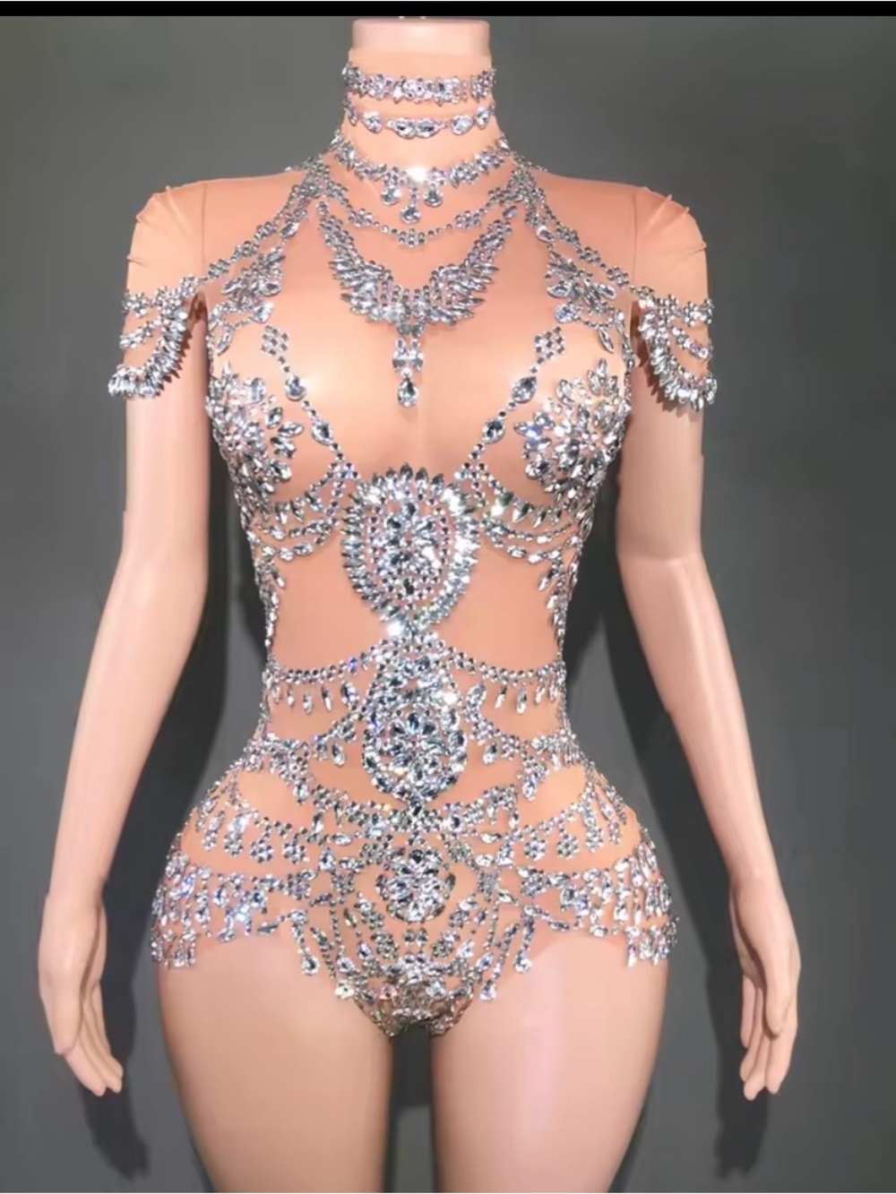 Nude Rhinestone Embellished Bodysuit - Women Tops